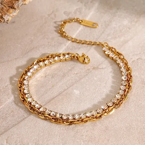 Double Layer Stainless Steel Gold Plated Bracelet For Women Elegant Cubic Zirconia Tennis Chain Link Jewelry Trendy Ins Style