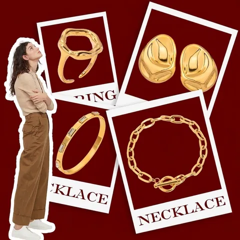 Stainless Steel Necklace Bracelet Earrings Ring Jewelry Gold Plated Zircon Geometric Minimalist Accessorie Women