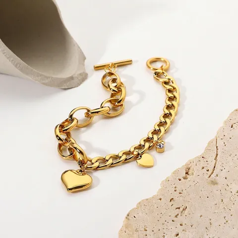 Bracciale con Ciondolo a Cuore in Acciaio Inossidabile e Strass per Donna Catena Placcata Oro 18K Fibbia OT Gioielli Ins