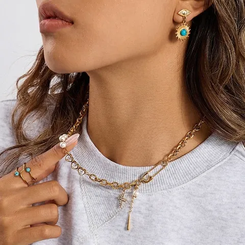 Collana A Catena Graffetta In Acciaio Inossidabile Con Ciondoli Cuore In Zircone Croce Stella E Perla Artificial Gioielli Da Donna