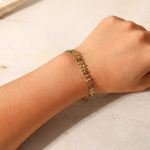 18K Gold Plated Stainless Steel Olive Leaf Bracelet For Women Green Enamel Drip Oil Fashion Adjustable Chain Jewelry
