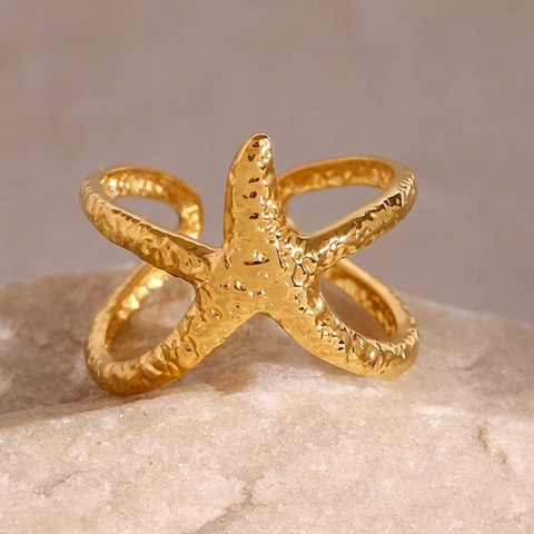 Starfish Ring Stainless Steel Gold Plated Hammered Texture Adjustable Open Band Ocean Beach Style Jewelry For Women