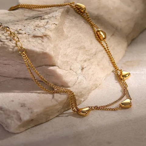 Minimalist Edelstahl Doppelschicht Herzanhänger Fußkettchen Für Damen 18K Vergoldet Frischer Stil Sommer Verstellbar Schmuck