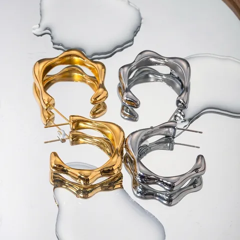 Pendientes De Aro Con Ondas Irregulares Chapado En Oro 18K Acero Inoxidable Estilo Metal Líquido Joyería Minimalista En Forma De C Para Mujer