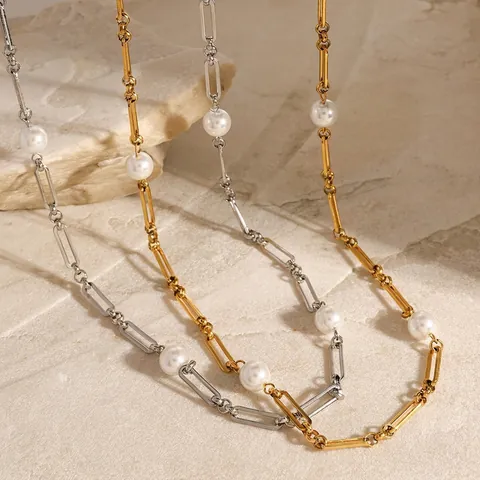 Vintage Stainless Steel Artificial Pearl Paperclip Chain Necklace For Women Hypoallergenic Gold Silver Plated Jewelry Gift