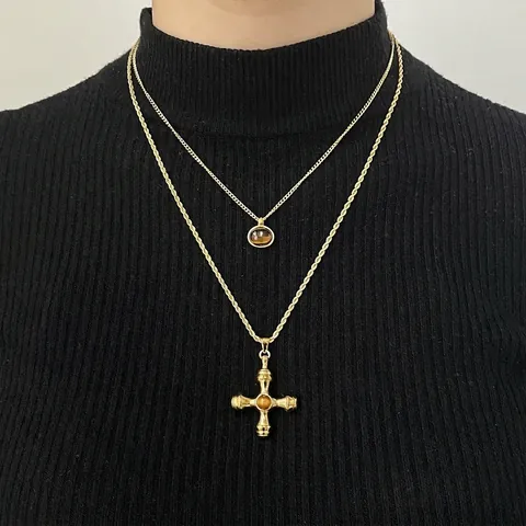 Stainless Steel Tiger Eye Gemstone Pendant Necklace Waterproof Hypoallergenic Cross Geometric Jewelry For Women