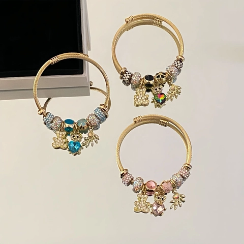 Brazalete de Cable Ajustable de Acero Inoxidable y Aleación Con Colgantes de Oso Corazón Flor de Zirconia Regalo Para Mujer