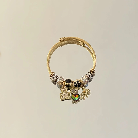 Brazalete de Cable Ajustable de Acero Inoxidable y Aleación Con Colgantes de Oso Corazón Flor de Zirconia Regalo Para Mujer
