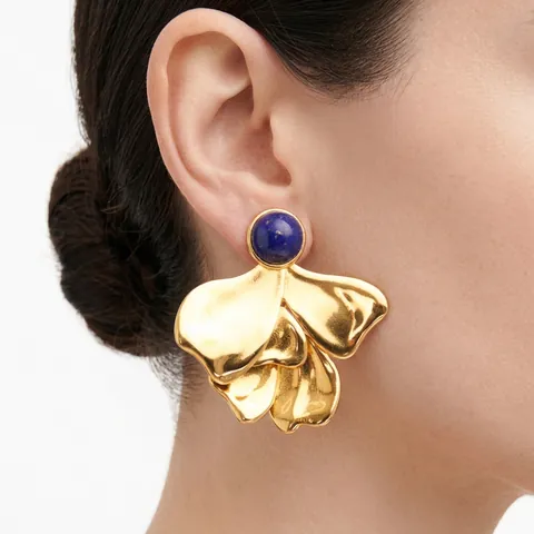 Vintage Lapis Lazuli Stud Earrings Stainless Steel Gold Wavy Flower Petal Design Elegant Artistic Jewelry For Women