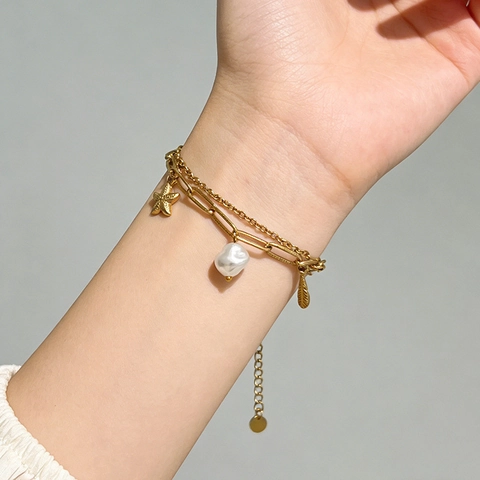 Double Layer Chain Bracelet 18K Gold Plated Stainless Steel With Artificial Baroque Pearl Starfish Feather Charms Ocean Style For Women
