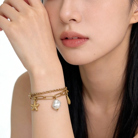 Double Layer Chain Bracelet 18K Gold Plated Stainless Steel With Artificial Baroque Pearl Starfish Feather Charms Ocean Style For Women