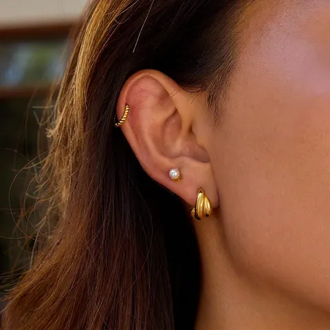 Stainless Steel Gold Hoop Earrings Artificial Pearl Studs Zircon Ear Cuffs Textured Fashion Minimalist Jewelry Women Waterproof