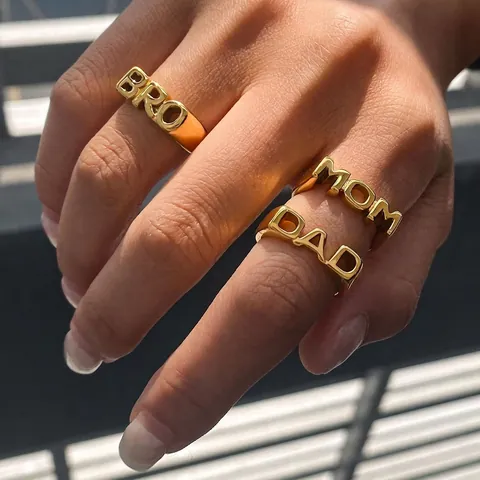 Letter Signet Rings Stainless Steel Gold Plated Hollow MOM DAD BRO Word Fashion Minimalist Jewelry For Women