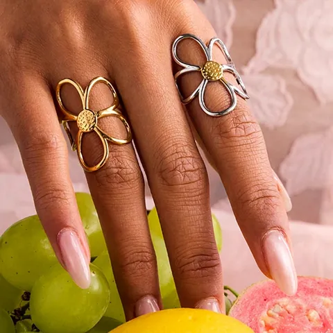 Anillo De Flor Hueca De Acero Inoxidable Perla Artificial Strass Ajustable Oro Plata Joyería De Moda Para Mujeres