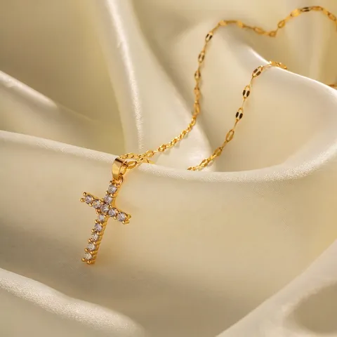 Collana con Pendente a Croce in Acciaio Inossidabile Placcato Oro 18K per Donna Elegante Croce con Strass Gioielli Regalo