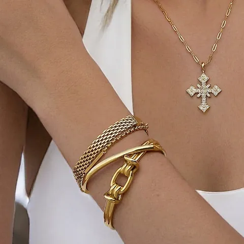 Edelstahl Vergoldetes Armband Ineinandergreifender Knoten Offener Armreif Gewebtes Mesh Kette Schmuck Damen Wasserdicht