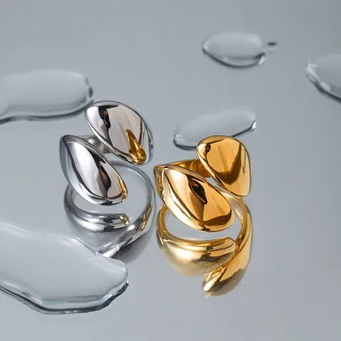 Minimalist Edelstahl Offener Ring Für Damen Asymmetrisches Tropfen Design 18K Vergoldet Poliert Mode Schmuck Geschenk