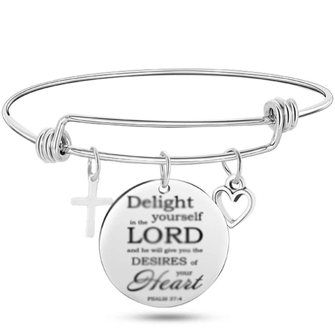 Bracciale Rigido Regolabile in Acciaio Inossidabile per Donna Con Ciondoli Croce Cuore Versetto Biblico Gioielli Religiosi Ispiratori