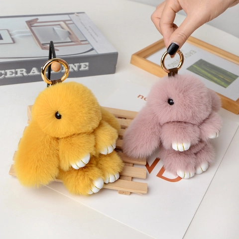 Soft Faux Fur Rabbit Pendant Keychain With Metal Ring Cute Bunny Bag Charm For Women Girls Plush Animal Keyring Hanging Ornament