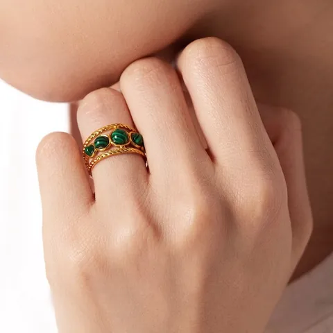 Anillo Abierto De Acero Inoxidable Impermeable Malaquita Natural Redondo Calado Retro Boho Joyería De Moda Regalo Mujeres