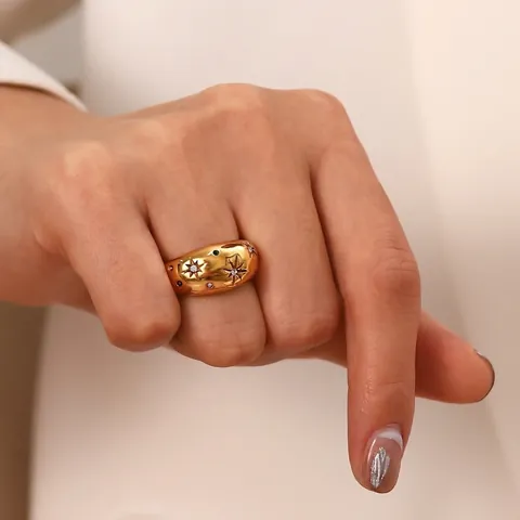 Bague Dôme Starburst En Acier Inoxydable Plqué Or Avec Zircone Colorée Bijoux De Doigt Rétro Luxe Pour Femme