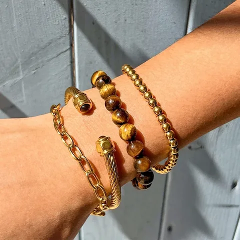 Stainless Steel Stone Amethyst Tiger Eye Artificial Pearl Stackable Bracelets Waterproof Hypoallergenic Jewelry Women