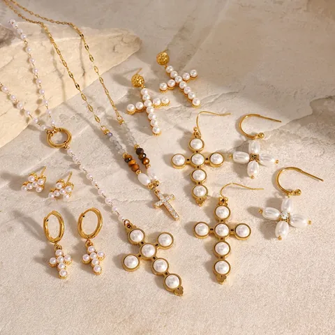 Gioielli Con Croce E Künstliche Perle Collana E Orecchini Per Donna Acciaio Inossidabile Accessori Moda Retro