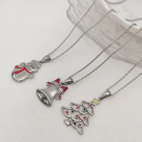 Schneemann Weihnachtsbaum Glocke Anhänger Halskette Edelstahl Emaille Poliert Feiertag Schmuck Unisex Geschenk