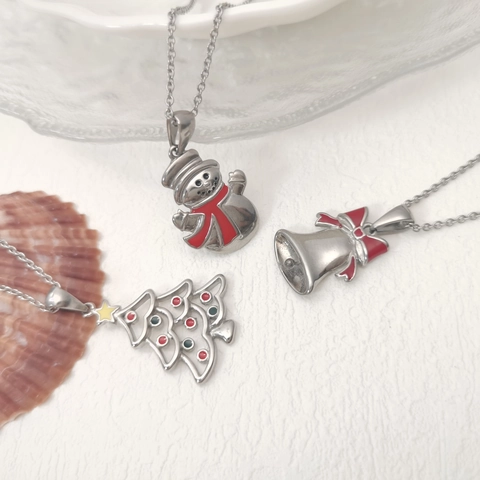 Schneemann Weihnachtsbaum Glocke Anhänger Halskette Edelstahl Emaille Poliert Feiertag Schmuck Unisex Geschenk