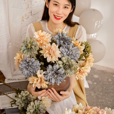 Artificial Dahlia Flower Single Stem Satin Cloth Fake Plant For Wedding Home Office Decoration Retro INS Style Realistic