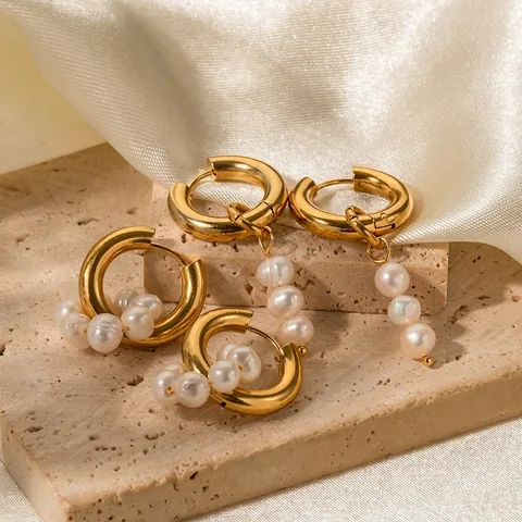 Asymmetrische Hoop Oorbellen 18K Verguld Roestvrij Staal En Natuurlijke Zoetwaterparels Cluster Hanger Voor Dames Elegant