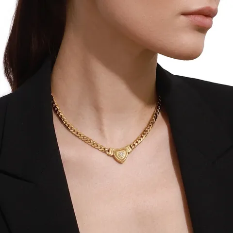 Collana Con Pendente A Cuore Da Donna Acciaio Inossidabile Strass Incrostati Oro Catena Curb Gioielli Vintage