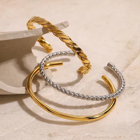 Bracciale Rigido Aperto In Acciaio Inossidabile Per Donna Placcato Oro 18K Corda Intrecciata Gioielli Minimalisti Lucidati