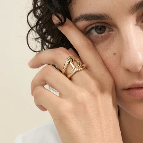 Fashion Stainless Steel Ring 18K Gold Plated Cubic Zirconia Geometric Crossed Waterproof Hypoallergenic Jewelry Women
