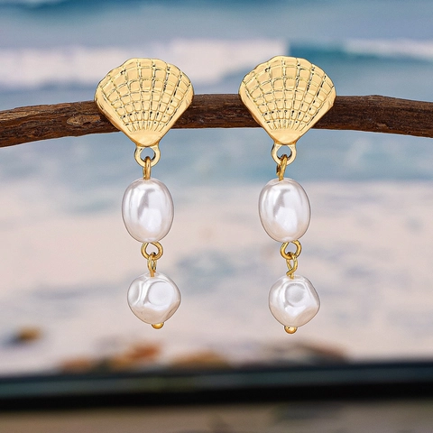 Boucles D'oreilles Pendantes Élégantes Coquillage Künstliche Perle Pour Femmes Alliage Doré Style Marin Avec Tige En Acier