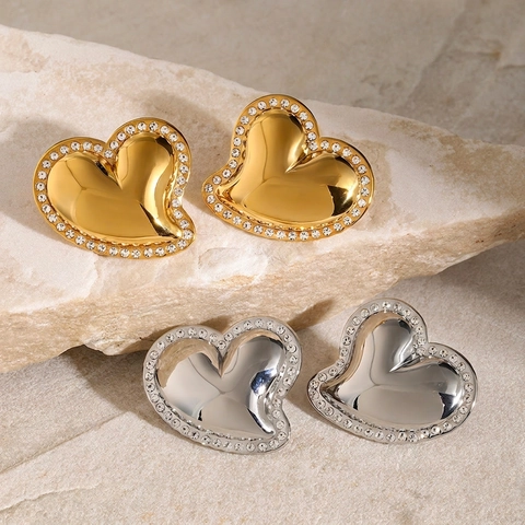 Herz Ohrstecker Edelstahl 18K Vergoldet Weißer Rheinkiesel Ins Stil Modeschmuck Für Damen