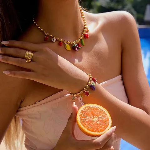 Fruit Charm Jewelry Stainless Steel Golden Enamel Summer Holiday Necklace Bracelet Earrings Ring For Women Boho Accessories