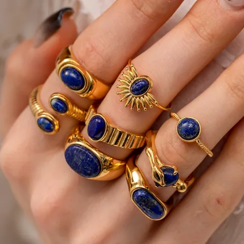 Vintage Titanium Steel Lapis Lazuli Jewelry Set Gold Plated Retro Sun Coin Ring Necklace For Women Bohemian Fashion Accessory