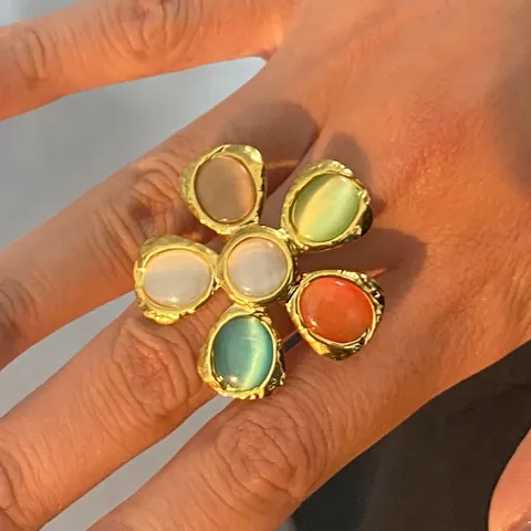 Flower Ring For Women Stainless Steel Multi Color Cat Eye Stone Bohemian Vintage Gold Hammered Texture Finger Jewelry