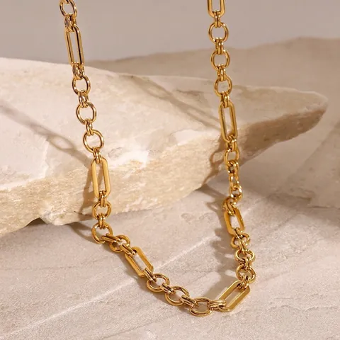 Collana A Catena Graffetta Acciaio Inossidabile Placcato Oro Maglie Geometriche Ovali Impermeabile Ipoallergenico Gioielli Donna