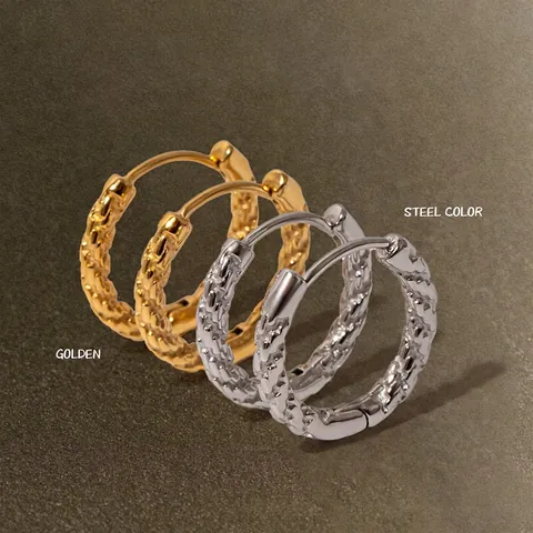 Hammered Hoop Earrings Stainless Steel 14K Gold Plated Twisted Woven Texture Hypoallergenic Fashion Ear Jewelry For Women