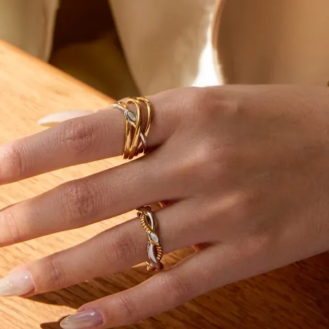 Stainless Steel Twisted Snake Ring Gold Silver Bi-Color Mother Of Artificial Pearl Inlay Waterproof Hypoallergenic Fashion Jewelry