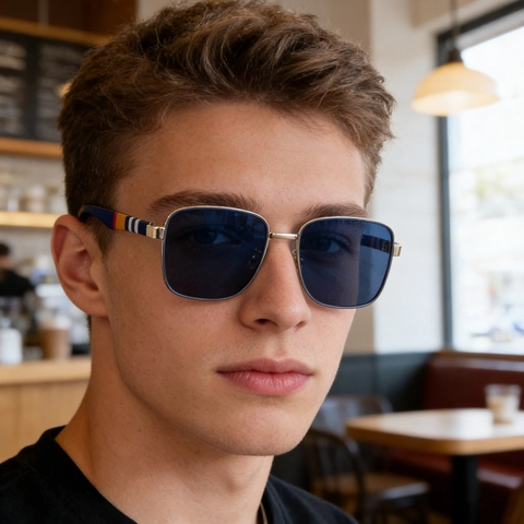 Fashion Square Frame Sunglasses Metal Frame UV400 Protection Striped Temples For Men Women
