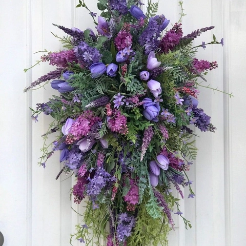 Swag De Tulipes Violettes Artificielles Couronne De Lavande Hortensia Décoration Murale De Porte Plastique Satin Printemps Été