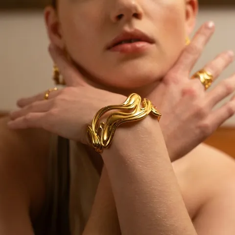 Wave Fluid Open Cuff Bangle Gold Plated Stainless Steel Irregular Wide Bracelet Waterproof Hypoallergenic For Women