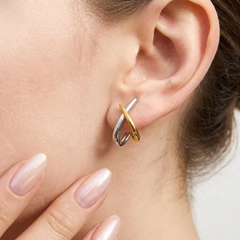 Boucles D'oreilles Puces Géométriques En Forme De X Lignes Croisées Bicolore Or Argent Acier Inoxydable Bijoux Mode Femmes