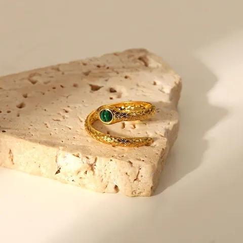Stainless Steel Snake Open Ring With Rhinestone Malachite Inlaid Gold Plated Cobra Adjustable Finger Ring Jewelry For Women