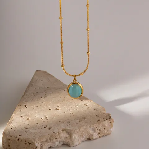 Collana con Pendente in Pietra Occhio di Gatto Blu in Acciaio Inossidabile Placcato Oro 18K Minimalista per Donna Gioielli