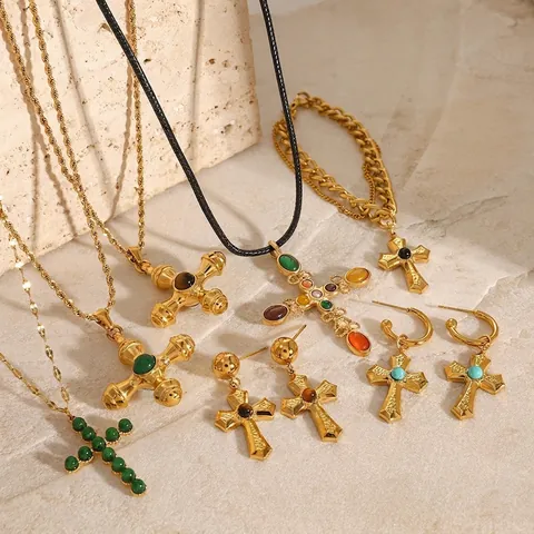 Collar Con Colgante De Cruz Acero Inoxidable Piedra Natural Chapado En Oro De 18K Joyas Religiosas Bohemias Vintage