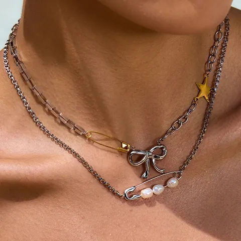 Fashion Multi Layer Necklace For Women Stainless Steel Paperclip Chain Heart Bow Star Safety Pin Artificial Pearl Initial Letter A